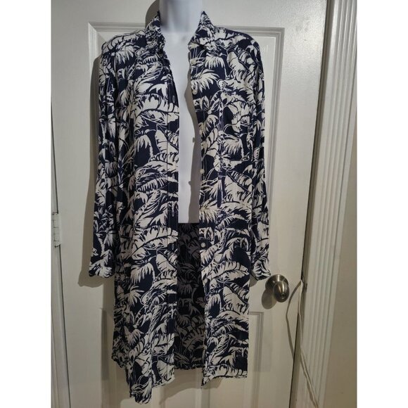 H&M LOGG Navy Blue White Tropical Leaf Print Button Up Shirt Dress Roll-Tab 6 - Picture 5 of 7